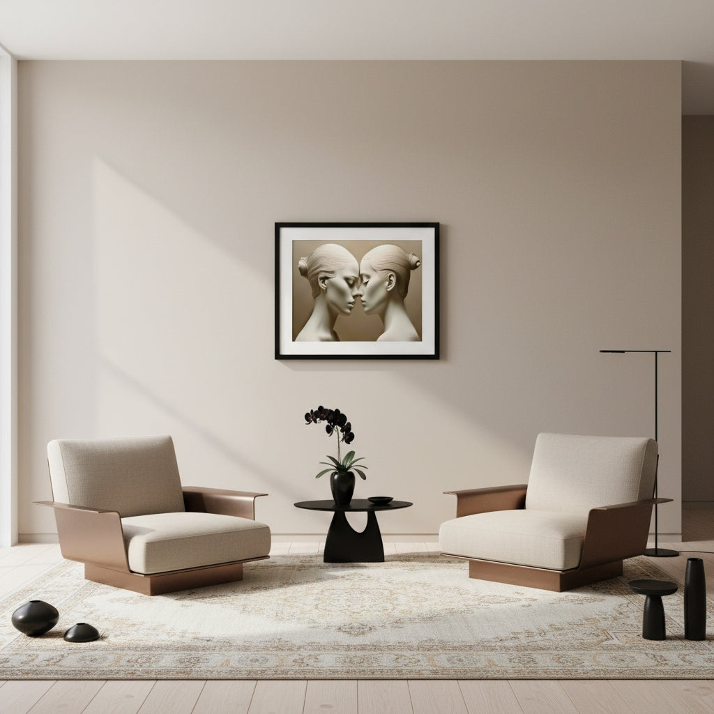 Modern living room with two armchairs, a small table, and a framed artwork on the wall.