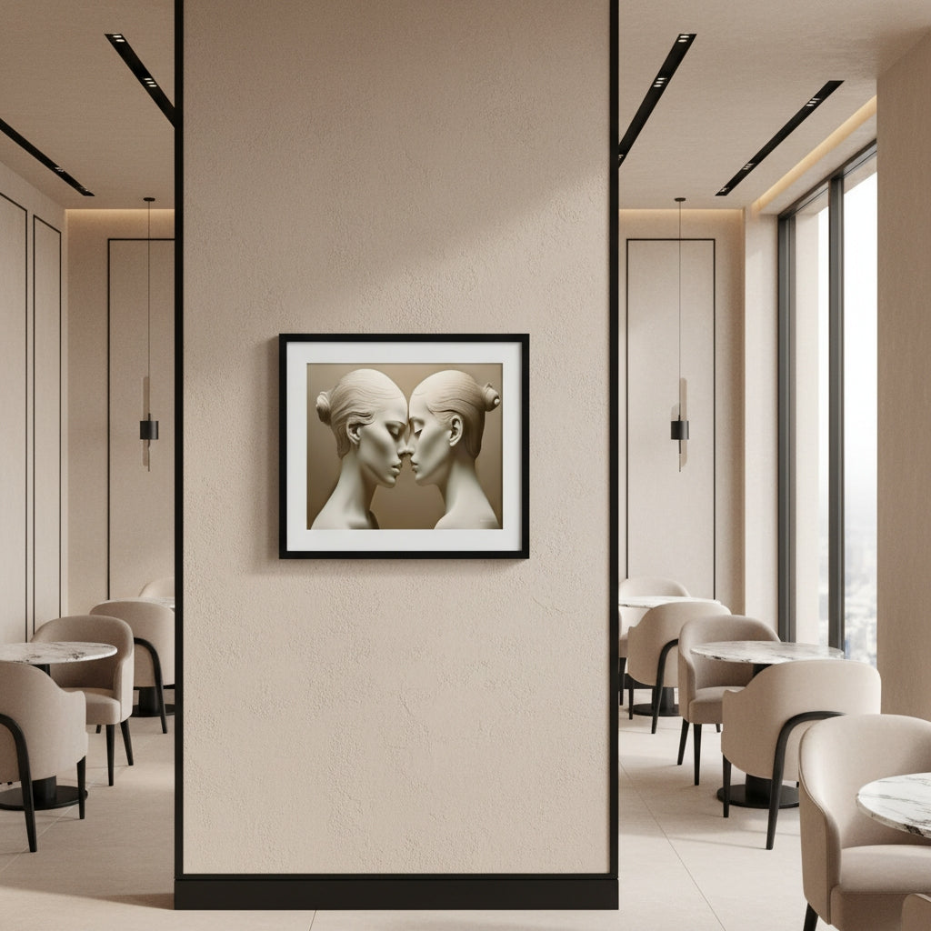 Modern interior with a framed artwork of two faces on a wall.