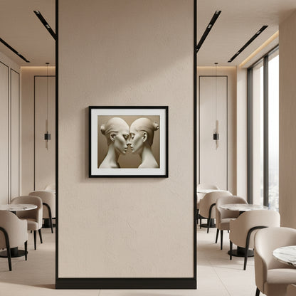 Modern interior with a framed artwork of two faces on a wall.