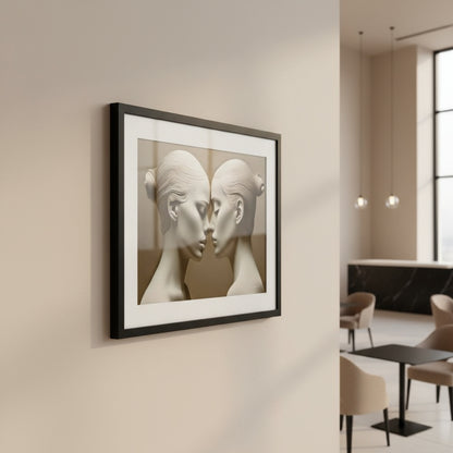 Framed artwork of two abstract faces on a wall in a modern interior setting.
