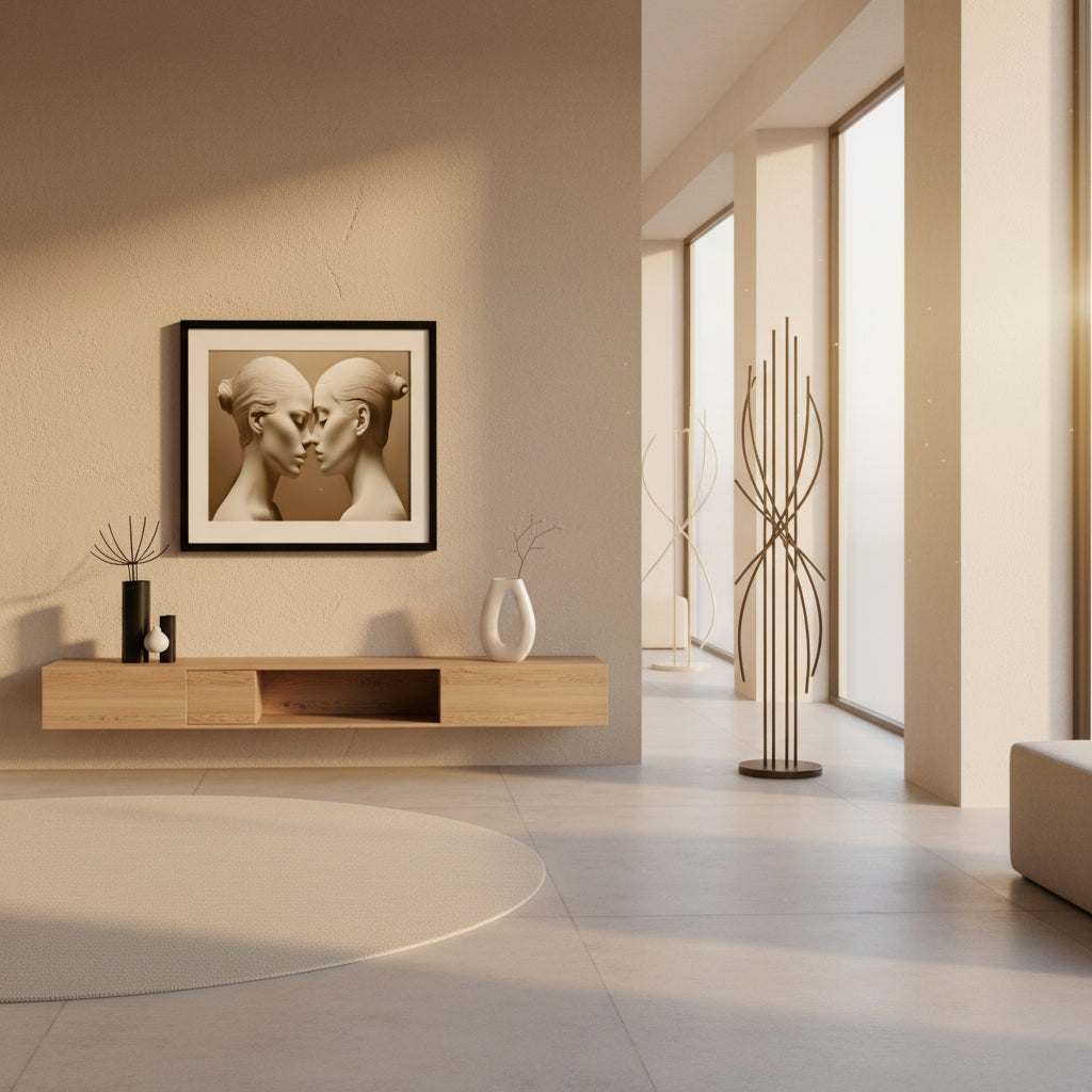 Modern interior with a wooden console table, decorative items, and a framed artwork on a beige wall.