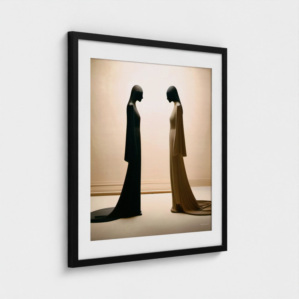 Framed photograph of two people in formal attire against a neutral background