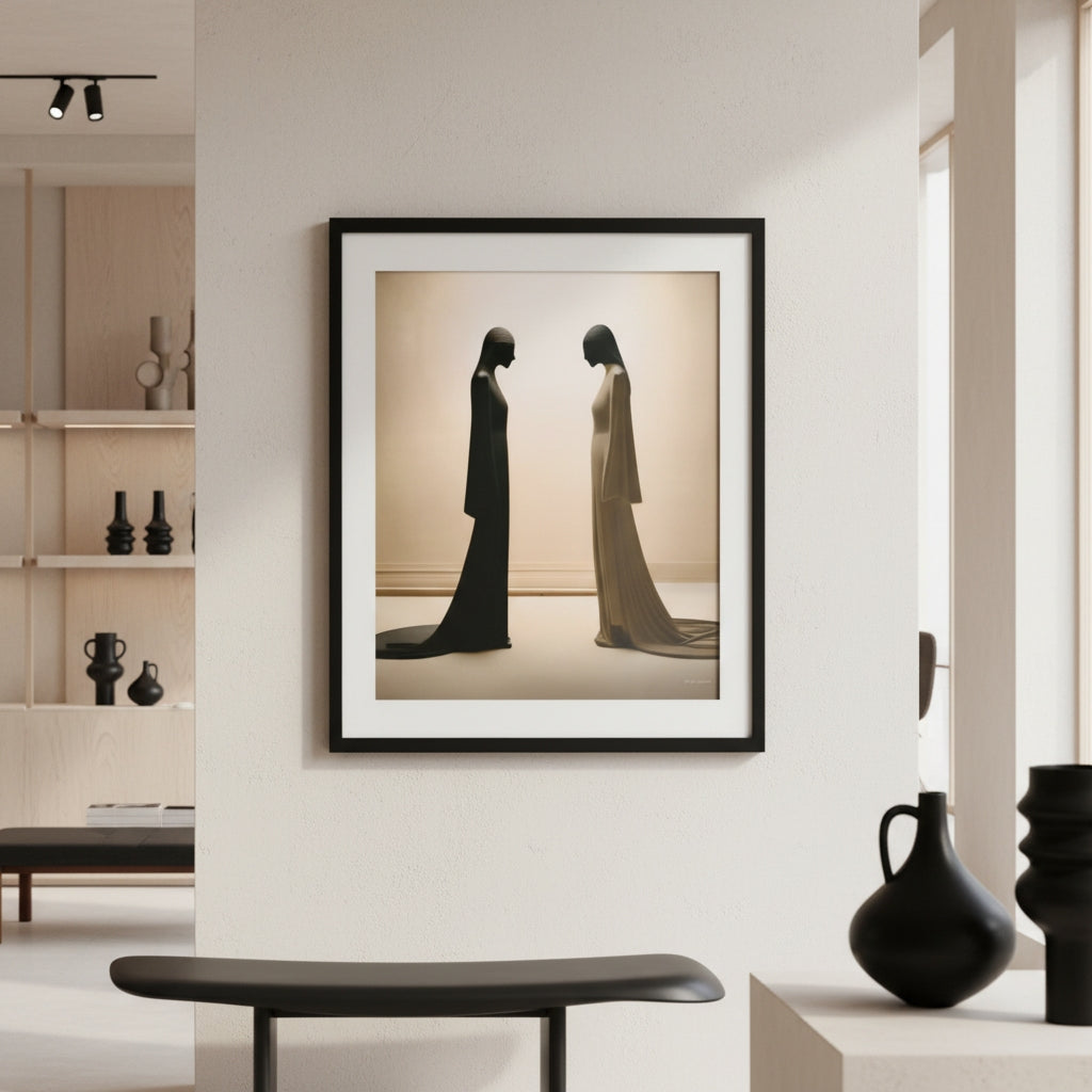 Framed artwork of two figures in a minimalistic room with decor items.