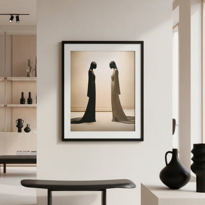 Framed artwork of two figures in a minimalistic room with decor items.