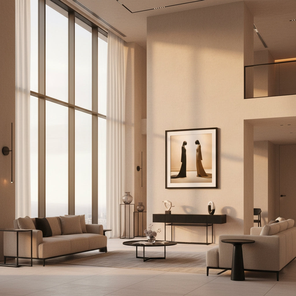 Modern living room with beige sofa, coffee table, and wall art.