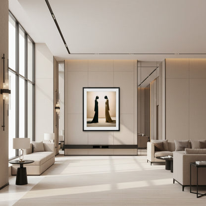 Modern living room with beige walls, furniture, and a framed picture.