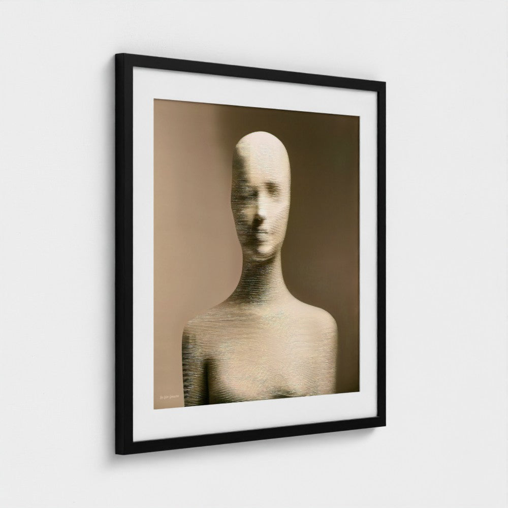 Framed artwork of a stylized human figure on a beige background