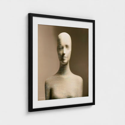 Framed artwork of a stylized human figure on a beige background