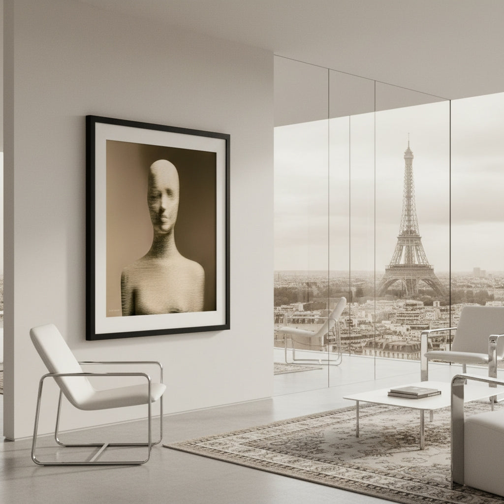 Modern living room with framed artwork and a view of the Eiffel Tower.