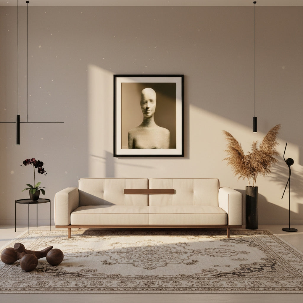 Modern living room with a beige sofa, framed artwork, and decorative elements.