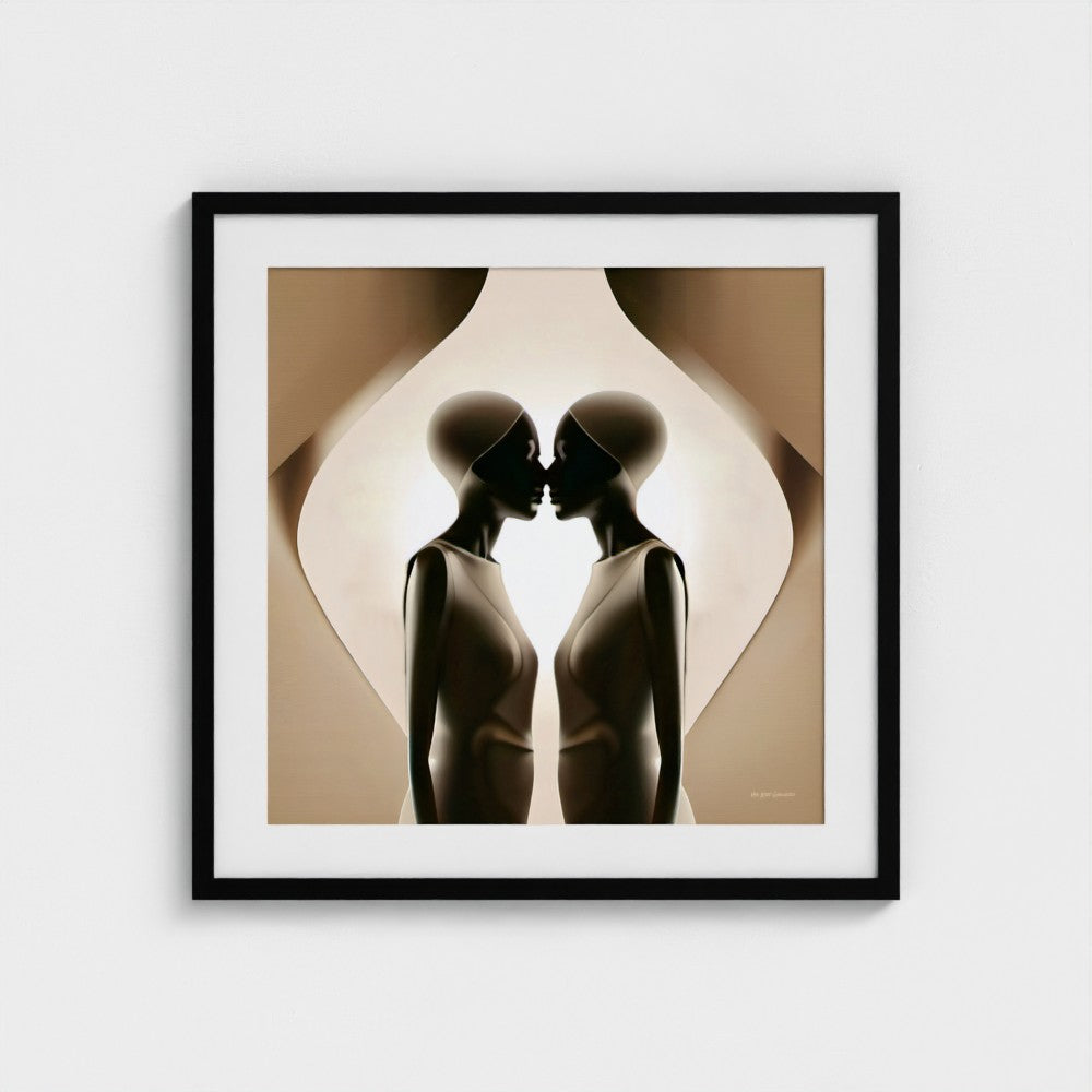 Framed artwork of two abstract figures kissing on a beige background