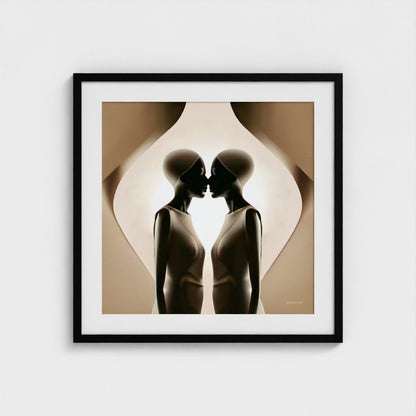 Framed artwork of two abstract figures kissing on a beige background