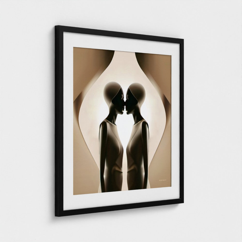 Framed abstract art print of two silhouetted figures against a beige background.