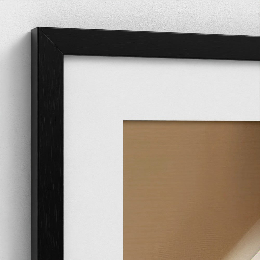 Close-up of a black frame on a white wall with a brown interior.
