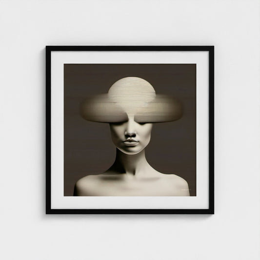 Framed artwork of a stylized face with abstract shapes on a plain background