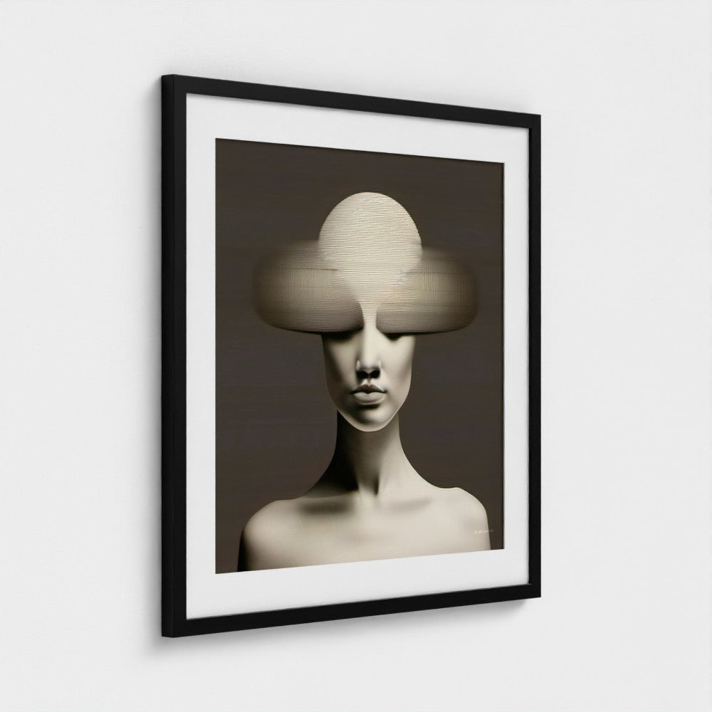 Framed artwork of a woman's face with a unique hat-like headpiece on a white wall.