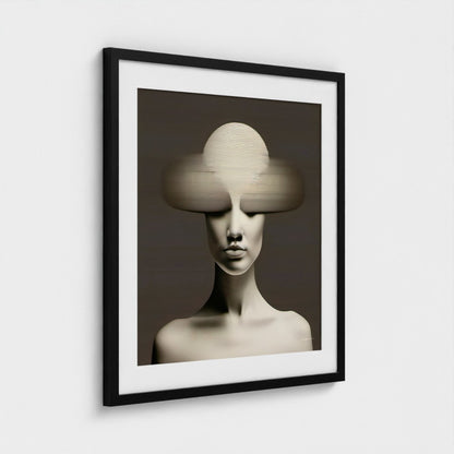 Framed artwork of a woman's face with a unique hat-like headpiece on a white wall.