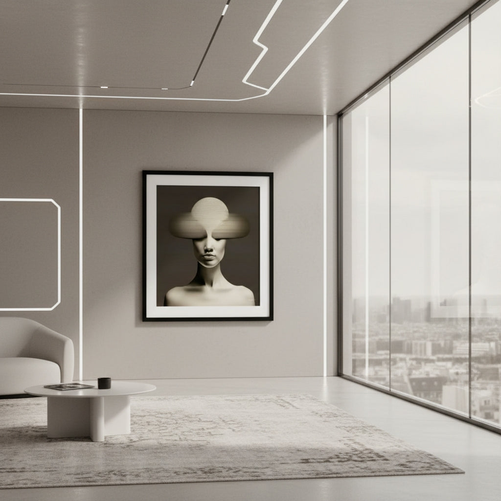 Modern interior with a framed black and white portrait on a wall with large windows showing a cityscape.