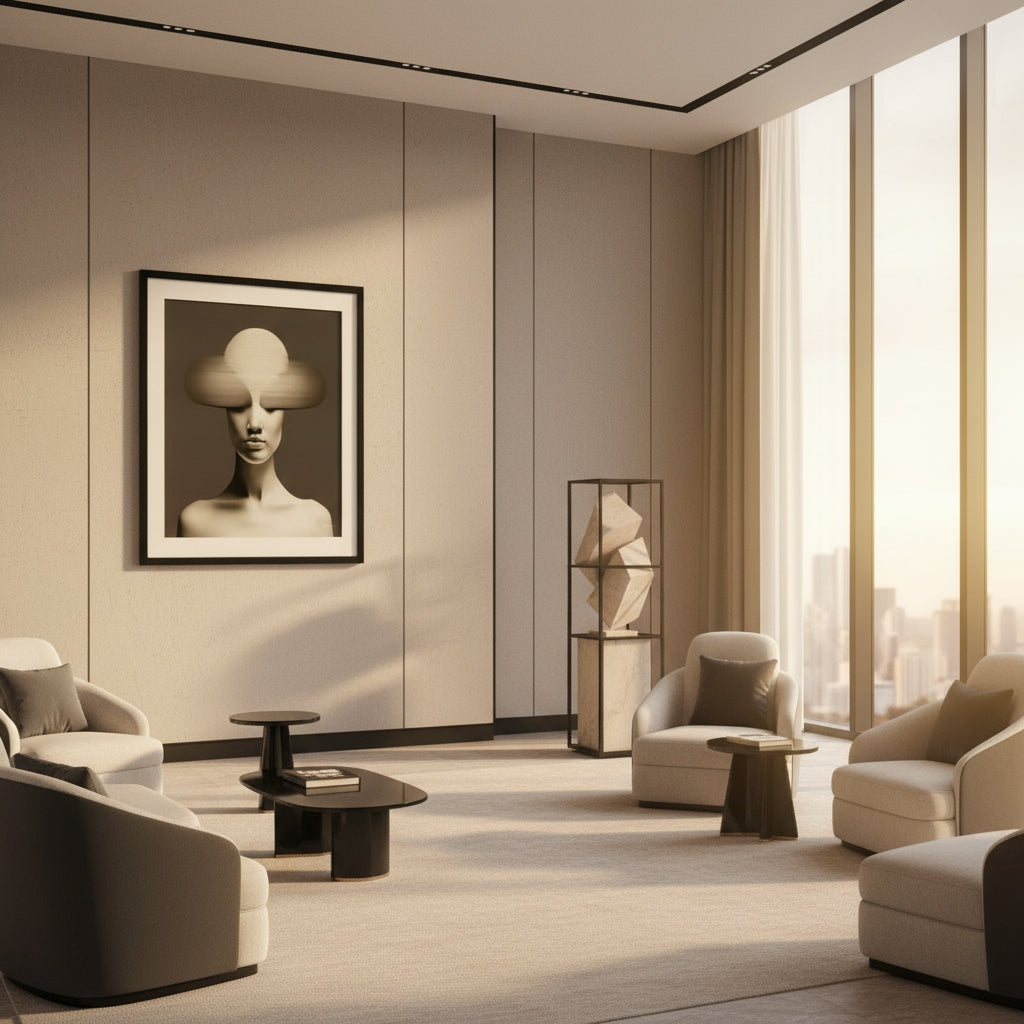Modern living room with beige walls, furniture, and a large window.