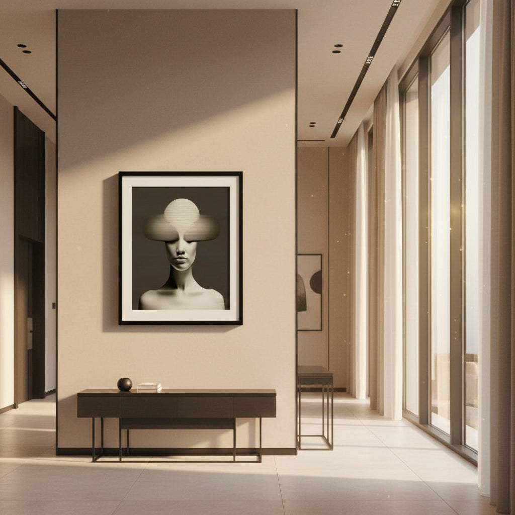 Modern interior hallway with a framed black and white artwork on the wall.