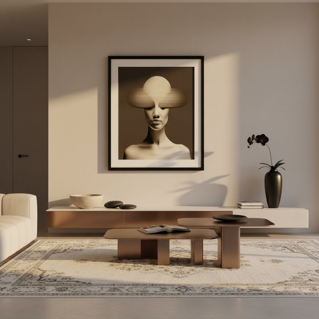 Modern living room with a framed artwork on the wall, a coffee table, and decorative items.
