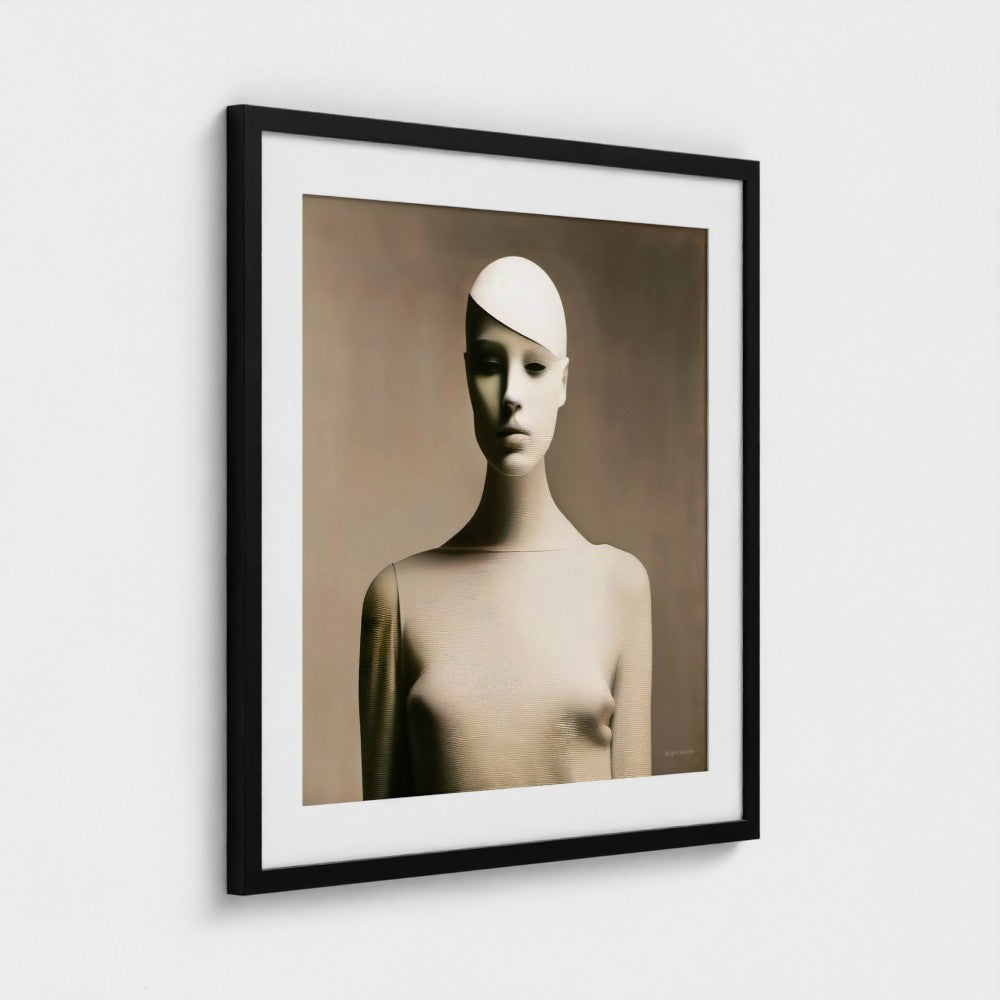 Framed black and white portrait of a person wearing a headband on a light gray background