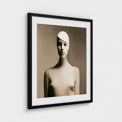 Framed black and white portrait of a person wearing a headband on a light gray background