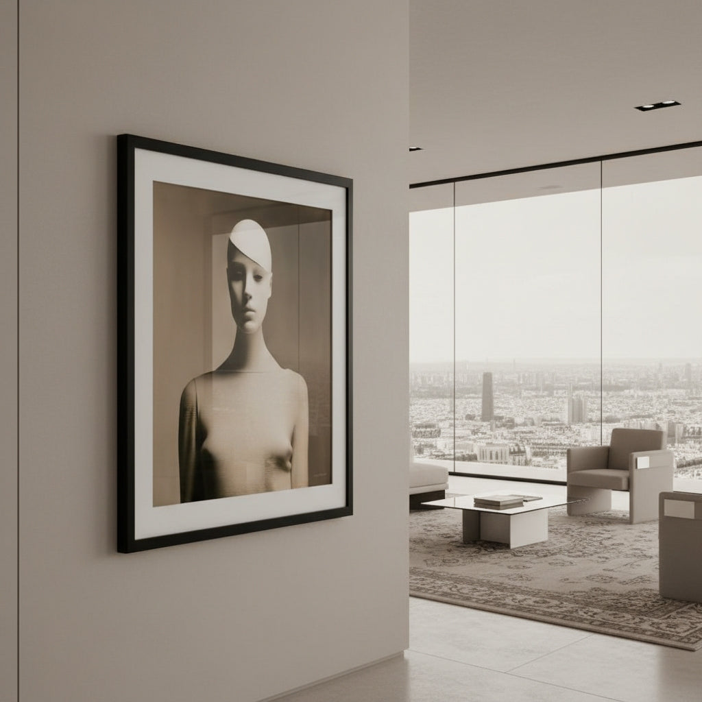 Framed artwork on a wall with a modern room and cityscape view in the background