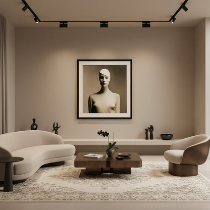 Modern living room with a framed black and white portrait on the wall, a white sofa, and a wooden coffee table.