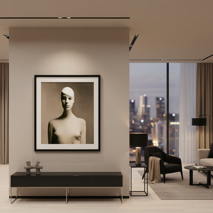 Modern living room with a framed artwork on the wall and cityscape view.