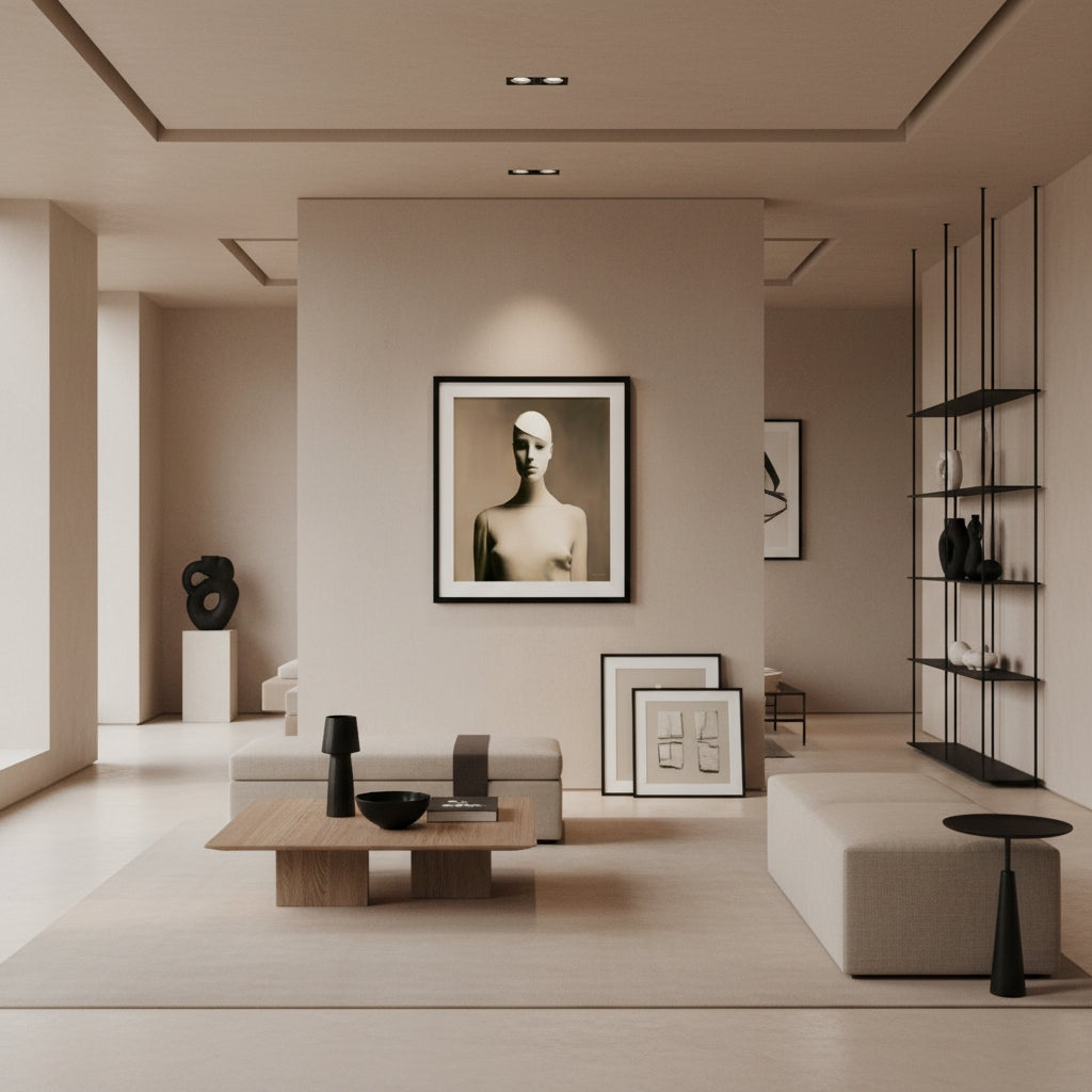 Modern living room with neutral tones, furniture, and wall art.