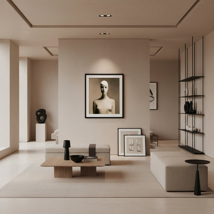 Modern living room with neutral tones, furniture, and wall art.