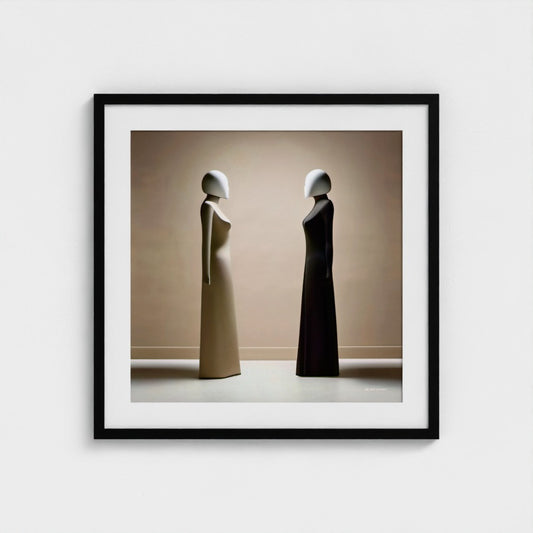 Framed artwork of two abstract figures against a beige background