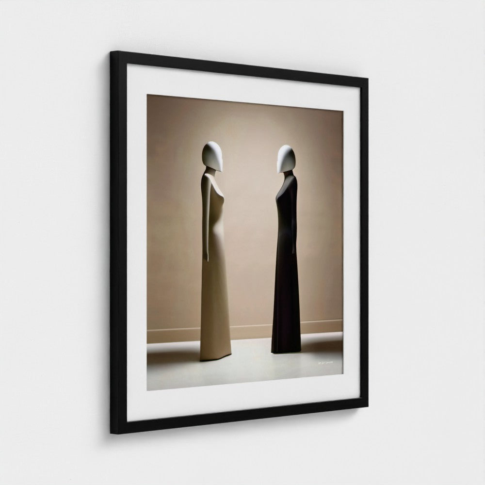 Framed artwork of two abstract figures against a beige background