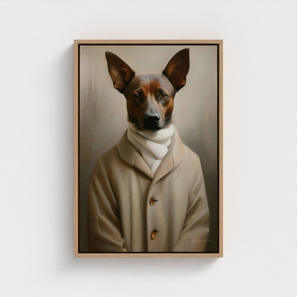 Framed portrait of a dog wearing a coat on a white wall