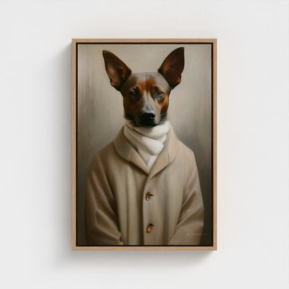 Framed portrait of a dog wearing a coat on a white wall