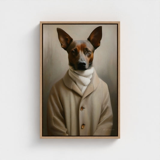 Framed portrait of a dog wearing a coat on a white wall