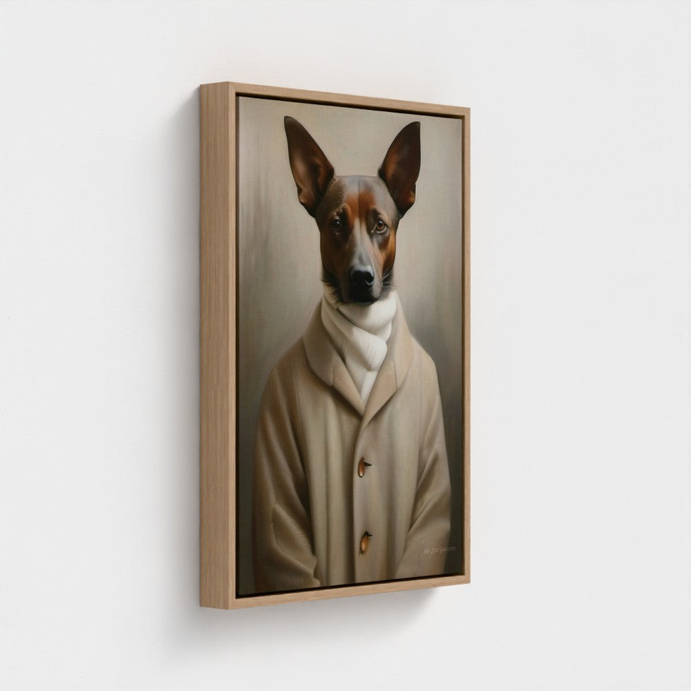 Framed artwork of a dog wearing a coat on a white background