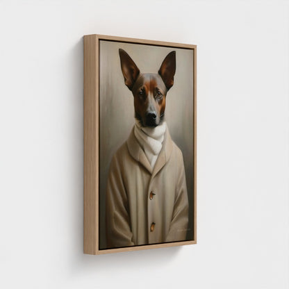 Framed artwork of a dog wearing a coat on a white background