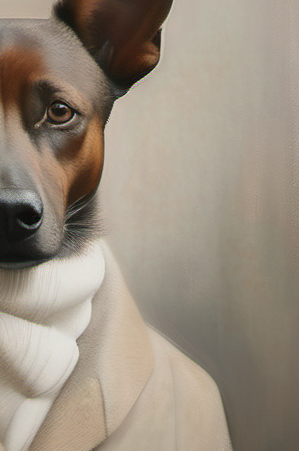 Dog wearing a white sweater against a neutral background