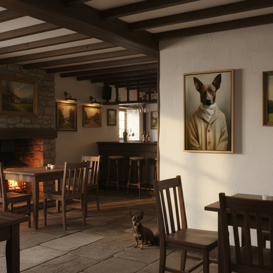 Cozy interior of a pub with wooden furniture, a fireplace, and framed pictures on the walls.