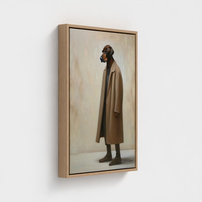 Framed artwork of a dog wearing a coat on a white background