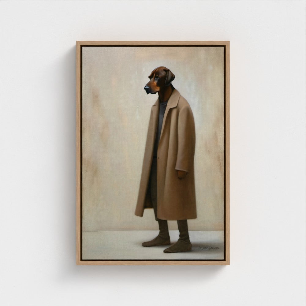 Framed artwork of a dog wearing a coat on a plain wall