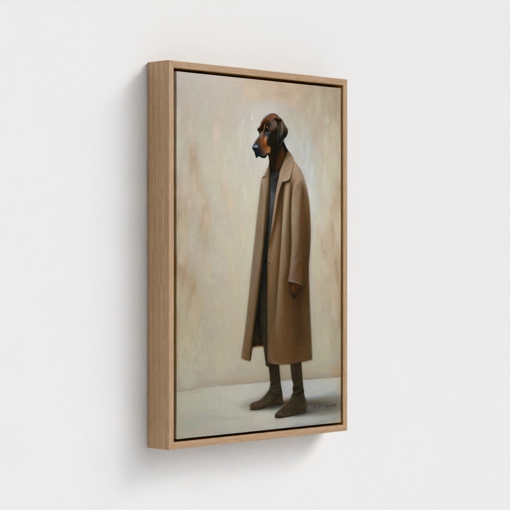 Framed artwork of a dog wearing a coat on a white background