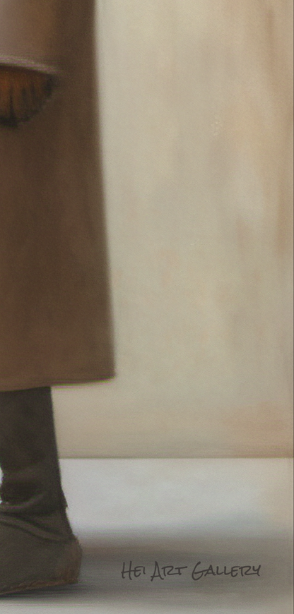 Close-up of a person wearing a brown coat and boots, with a blurred background and 'Hei Art Gallery' watermark.