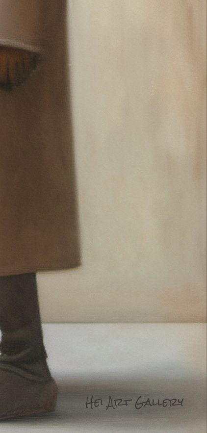 Close-up of a person wearing a brown coat and boots, with a blurred background and 'Hei Art Gallery' watermark.