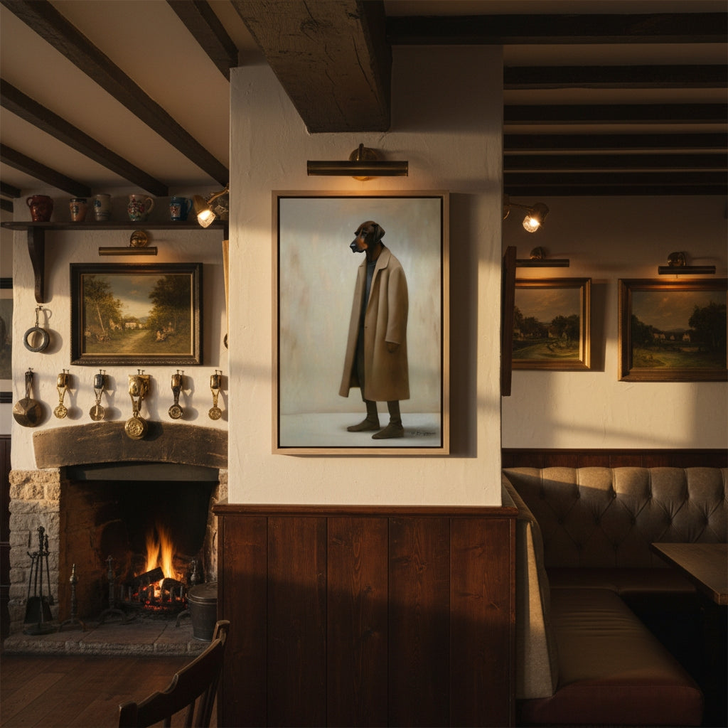 Cozy room with a fireplace, wooden beams, and framed portrait of a man in a coat.