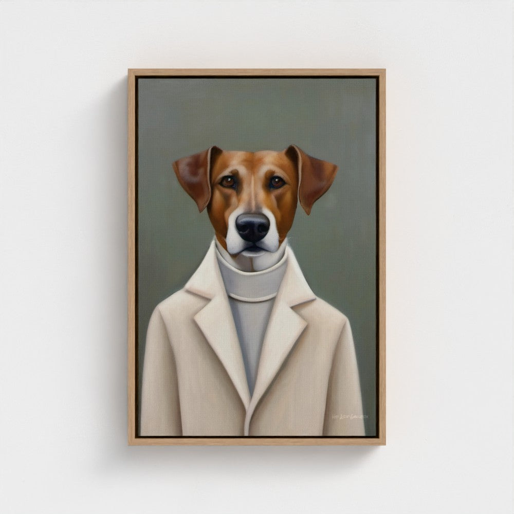 Framed artwork of a dog wearing a coat and scarf on a white wall