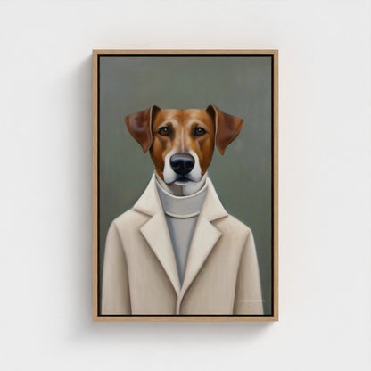Framed artwork of a dog wearing a coat and scarf on a white wall