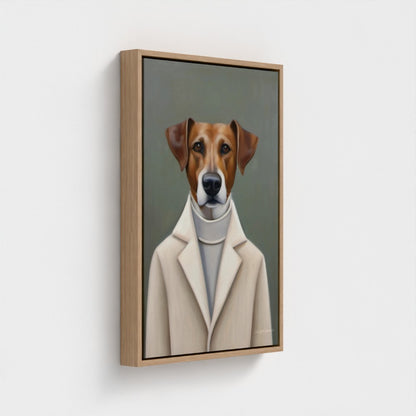 Framed artwork of a dog wearing a coat on a gray background